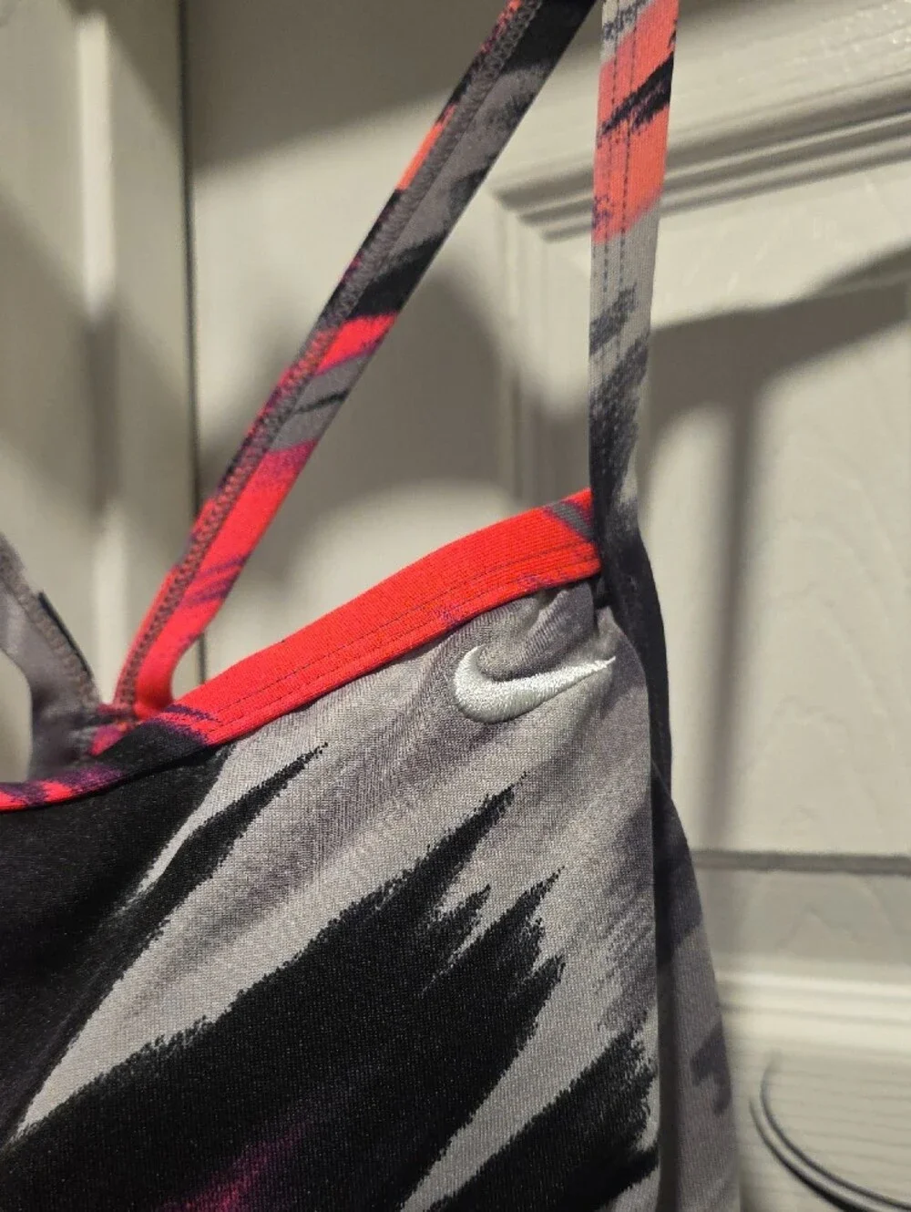 Nike One-Piece Swimsuit in Coral Pink, Black & Gray Brushprint
